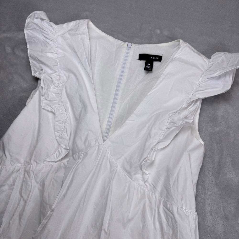 Aqua White Cotton Tiered Mini Dress Ruffle Flutter Sleeve V-Neck Size M